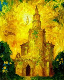 A banana yellow colored heavenly realm with a lightning temple designed in ancient Greek mosaics painted by Claude Monet