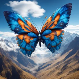 majestic fantastical feathered alien butterfly flying through the Andes Mountains, beautiful blue sky, wildly imaginative