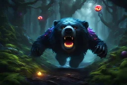 A zany wild Pac Man running after a crazed bear, wacky zany facial expression, intricate detail, sharp, colorful, iridescent, deep color, grey and black fairy forest, 8k resolution, trending on Artstation, glowing runes, zombiecore, H.R. Giger, dynamic lighting