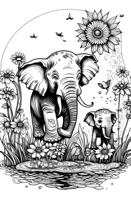 outline art with pencil sketch art for {A cute, smiling elephant holding the letter 'E' with a baby elephant splashing in a refreshing waterhole, surrounded by tall grass and vibrant sunflowers}with floral background pencil sketch style,full body only use outline with black and white outline and make a floral backgound with black and white background