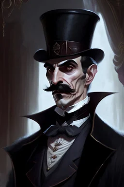 Strahd von Zarovich with a handlebar mustache wearing a top hat and asking a question