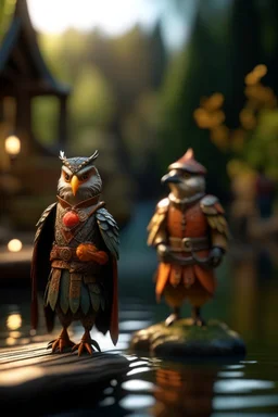 robin hoot and lady marion, leader of the hooties. with bow and dagger, guarding the canal, bokeh like f/0.8, tilt-shift lens 8k, high detail, smooth render, down-light, unreal engine, prize winning