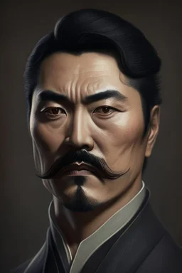 portrait of a man with Asian features, sturdy build, short dark hair, dark mustache and goatee