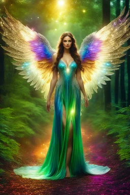 Gorgeous Photography Realistic Natural Beautiful Angel woman straddle wings with gown shiny brown flowing hair, glitter colorful Angel wings, lovely glowing green eyes, surrounded by magical colorful forest and flickering lights, digital photography, kaleidoscope, vibrant colors, vivid colors, colorful,she wak in magic forest full sparkling light