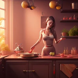 ultra realistic, pretty woman is cooking dinner in the kitchen, intricate details, ultra highly detailed, shiny, red, smooth, studio quality, octane render,glow, ambient lighting--q4 --ar 3:2 --v5