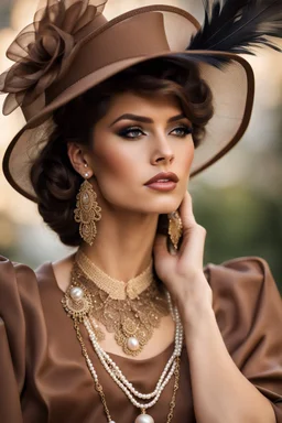 full body beautiful girl, elegant brown lace clothes of the 80s, luxury style, small elegant hat with feather, hair of the 80s, pearl necklace, earrings masterful, beautiful face