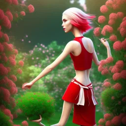 young lady walk in garden with red shirt and white hair