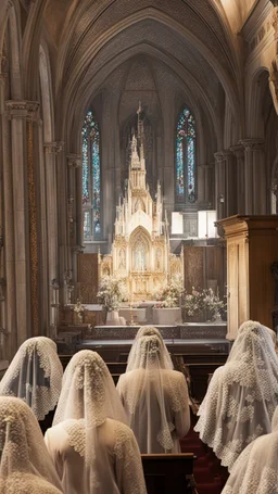 7 sisters wearing lace veil praying in church.cinematic.