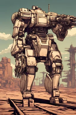 anthropomorphic giant piloted mecha, railgun in robot's hand, industrial style, mars background, soviet era photo