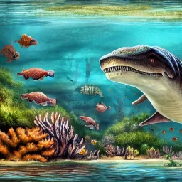 beautiful, stunning paleoart of mosasaurus swimming underwater with coral reefs, plants, wide-angle lens, in the style of eleanor kish, davide bonadonna, julius csotony, fabio pastor, Jurassic Park photorealistic, illustrative, digital art, 8k resolution, detailed matte, painting, artwork, masterpiece