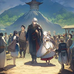 Girl with white hair. Boy with black hair wearing peasant clothes. Mountain path background