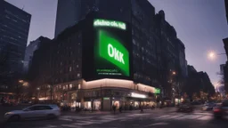 a billboard branded writing ODK , with neon light green and white , in the city center, at night . At Montréal