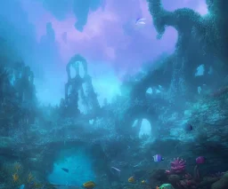 an ancient sunken temple structure, overgrown, mystical underwater shot, colorful coral reef, filtered diffraction lighting, fantasy digital art, trending on artstation