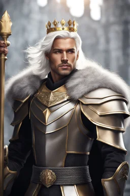 Male Tan Human, White Hair, Handsome Face, King Crown, Dark Heavy Armour, Black and Gold colour theme