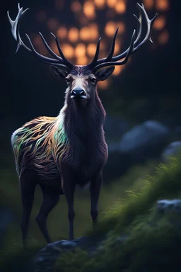 single magical elk, glowing white antler, dark chaotic patterned fur, night time, magical green hill background , beautiful colorful volumetric lighting, sharp focus, depth of field, masterpiece, glowing lily flowers