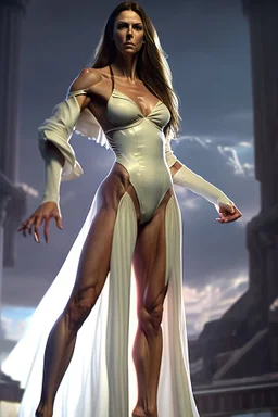 A hyper-realistic concept art of a full body fantasy tall woman ultra muscular a hard square face and brown hair wearing the white robe of greek senators white robe, full body, fantasy woman, tall, ultra muscular, hard square face, brown hair, greek senator white robe, by Chris Rallis, in the style of fantasy realistic art, cinematic and dramatic lighting, fantasy character drawings, realistic drawings, digital art, Highly Intricate Details, high quality