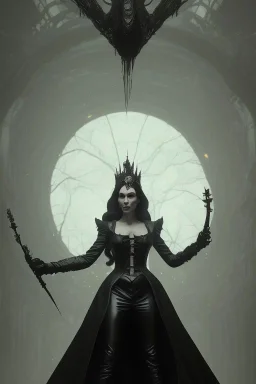 Famke Janssen as evil queen in black leather, busty, cleavage, dominatrix, curvy, angry, stern look. character design by cory loftis, fenghua zhong, ryohei hase, ismail inceoglu and ruan jia. unreal engine 5, artistic lighting, highly detailed, photorealistic, fantasy