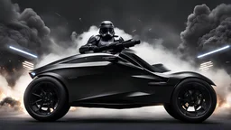 realistic black clonetrooper , sunglasses, ride a futuristic tesla moto. big wheels, dark gray background... explosions. sider
