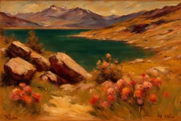 Sunny day, pine trees, mountains, prairie, flowers, lake, rocks, spring, philip wilson steer impressionism painting