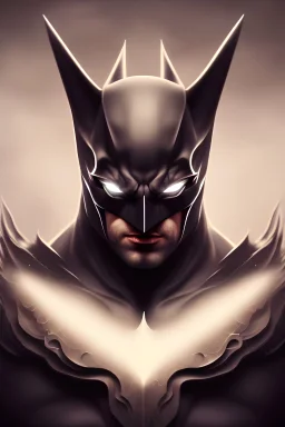 Batman, Demonic character, demon horns, demon tail, ominous, facepaint, waist up portrait, intricate, oil on canvas, masterpiece, expert, insanely detailed, 4k resolution, retroanime style, cute big circular reflective eyes, cinematic smooth, intricate detail , soft smooth lighting, soft pastel colors, painted Renaissance style