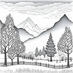 Outline art for coloring page with a cute mountain landscape white background, sketch style, only use outline, clean line art, white background, no shadows, clear outline reprezentand o imagine pe tema halucinatiilor provocate de droguri , cu culori primare tari, fantezie de înaltă definiție calitate clară, stiluri de Utagawa Hiroshige, Paul Klee Dee Nickerson și Tim Burton, acuarelă topită și contururi de cerneală neagră pe hârtie umedă, linii moi, umbrite