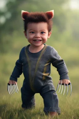 Wolverine toddler, full body, smile, bokeh, hyper realistic