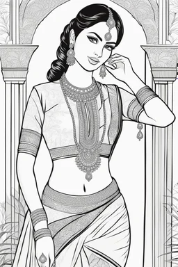 Coloring page for adults of a elegant fashion model woman wearing hindi dress, dynamic poses, full body portrait, thick and clean lines, clean details, no-color, no-turban, no-background, non color, non shading, no-grayscale, dynamic poses, full body portrait, thick and clean lines, clean details, no-color, no-turban, , non background, non color, non shading, no-grayscale, no color hair