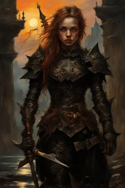 A formidable warrior girl in black armor, on the background Amazing gloomy landscape, flooded with sunset, mountains, trees, fabulous scary hero, , juicy emotions, painting, dark fantasy, gloomy day, dark world, portrait, Gothic Town At Night, Fantasy, Intricate Details, Castle Courtyard Gardens, Hyper Detailed, Jean Baptiste Monge, Carne Griffiths, Michael Garmash, Seb Mckinnon, Masterpiece