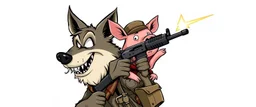 wolf carrying a scared pig general pointing uzi gun up into the air, stupid cartoon, airbrush and pen outline