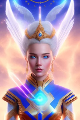young cosmic woman admiral from the future, one fine whole face, large cosmic forehead, crystalline skin, expressive blue eyes, blue hair, smiling lips, very nice smile, costume pleiadian, rainbow ufo