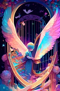 An angel playing a harp on a floral stage in space with lots of stars, rainbow color palette, the boys style, detailed, devinart, trending on artstation, happy colors, an ultrafine detailed painting by james jean
