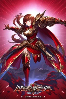 full body picture of a young woman with long brown hair, fantasy, dark, wearing black and red leather fantasy armor, evil, red eyes, smirk, confident, arrogant, anime, high resolution, hi res, detailed, intricate, fighting, warrior, detailed background