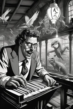 close up on face of comic news paper journalist horror harlequin playing burning coffin piano smoking as geese dinosaur reptiles in very bright light bulb factory on the bridge train station with twisted ladders with the most a confused look on his face in front of a huge glass prism clock with angels crawl in from the dark shadows, in the style of Escher and Dali and Cthulhu