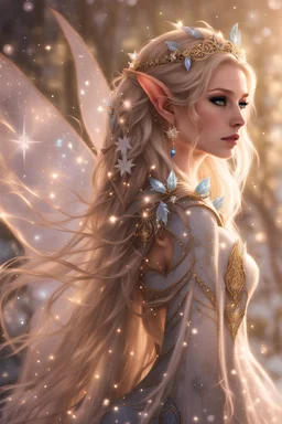 Elven princess,elven crown,long white blonde golden hair,rapunzel hair,ice flowers,beautiful,light blue,dark blue,golden armor,sparkle,glitter,ice flowers,snow,elven ears,dark fairy princess