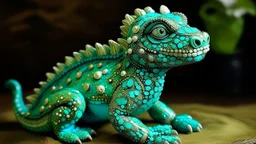 "Imagine a majestic creature with a body of vibrant turquoise, adorned with intricate white facial markings. Its small eyes, a mix of olive and lime, sparkle with intelligence and curiosity."