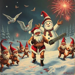 there is no kebabs at christmas, evil naked Santa, evil naked gnomes running around, staring flaming eyes, evil naked Rudolf, very big evil melting angry Frosty the snowman in background, 1940 christmas postcard, blood stains, Flying angels, Santa holding a chainsaw, fireworks,