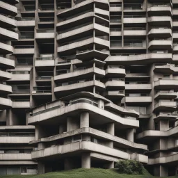 Brutalist flat in the outskirts of a big city, schizophrenic, paranoic, strong texture