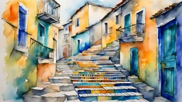 an old narrow stepped street in a picturesque town, next to the the stair steps is a snaking (railing:1.6) made of piano keys, watercolor and acrylic and ink, tint leak, ink leak, colors of cobalt blue, sea green, warm yellow and orange