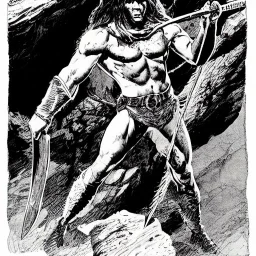 high-angle shot of a [Conan the Barbarian] holing an ((axe)) and standing on a cliff by the sea where monsters fight by Barry Windsor-Smith, Richard Corben, extremely detailed face, full-body