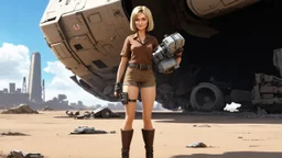 A 60-year-old woman with blond hair, a brown shirt, shorts, and boots, holding an armful of complex equipment, standing in front of a grounded cargo spaceship, with a ruined city in the background.