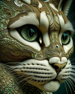 Detailed Surreal Portrait of Oriental blue and white tabby cat with green eyes by Van Gogh in muted colors.
