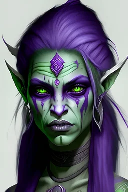 Generate a young female githyanki with pale green skin, thick purple flowing hair, large doe-like purple eyes, and a few tribal tattoos on her face.