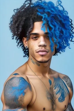 longish blue curly hair, brown skin, light eyes, tattoos