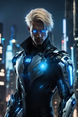 Man with Blonde Hair, glowing blue cybernetic eye, right black cybernetic arm, black coat, thin silver armor underneath night, city background, high detail, 4k, small cables protruding from the back