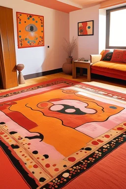 A light rosy orange colored Karoo with moles designed in Moroccan rug art painted by Wassily Kandinsky