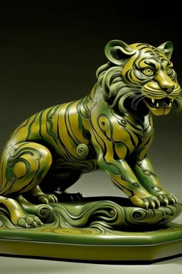 An olive green wind elemental tiger designed in Maori sculptures painted by Salvador Dali