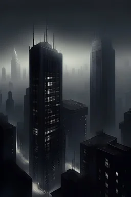 crear un paisaje urbano sombrio, con neblina, nocturno con altos edificios con la estética de deconstructivismo ruso