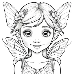 realistic FAIRY, adult, face view, cute, smile, beautiful, full view, realistic, coloring page, only draw lines, coloring book, clean line art, wildlife-inspired, kid style, –no sketch, color, –ar 3:4, white background, minimalistic black lines, 8k, minimal black color, low level black colors, coloring page, use pure black and white colors, avoid thick black colors, thin black line art, avoid colors, perfect shape, perfect clear lines, clear edges, white background,