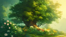 cartoon A side road next to trees, flowers of different colors, plants and orchards on a wonderful bright day