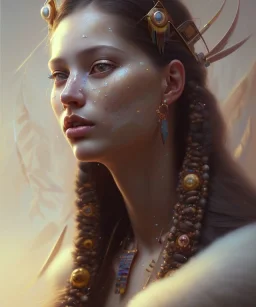 Josephine karam, cute, beautiful, Native American, head and shoulders portrait, 8k resolution concept art portrait by Greg Rutkowski, Artgerm, WLOP, Alphonse Mucha dynamic lighting hyperdetailed intricately detailed Splash art trending on Artstation triadic colors Unreal Engine 5 volumetric lighting, long hair, brown eyes, black hair, clean face